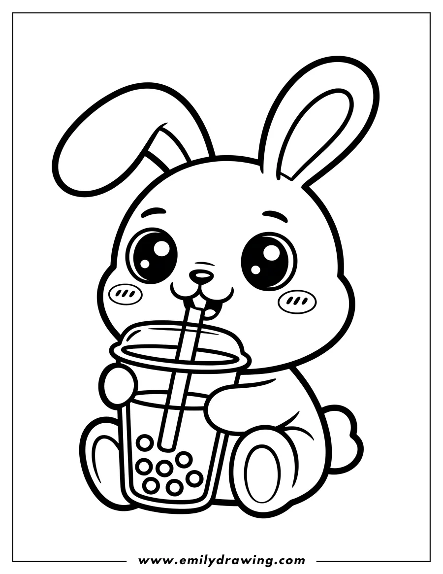 Outline of a cartoon rabbit with large, sparkling eyes, sitting and holding a cup of boba tea with a straw.