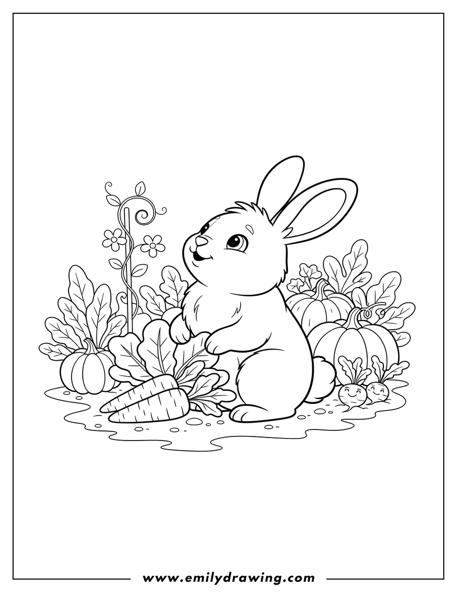 Coloring page for kids: sitting rabbit looking up in a veggie patch