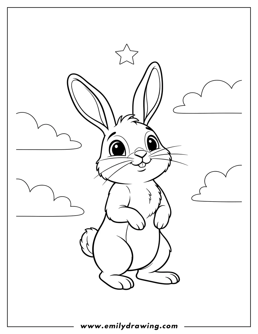 Coloring page of A rabbit standing on its hind legs and looking up