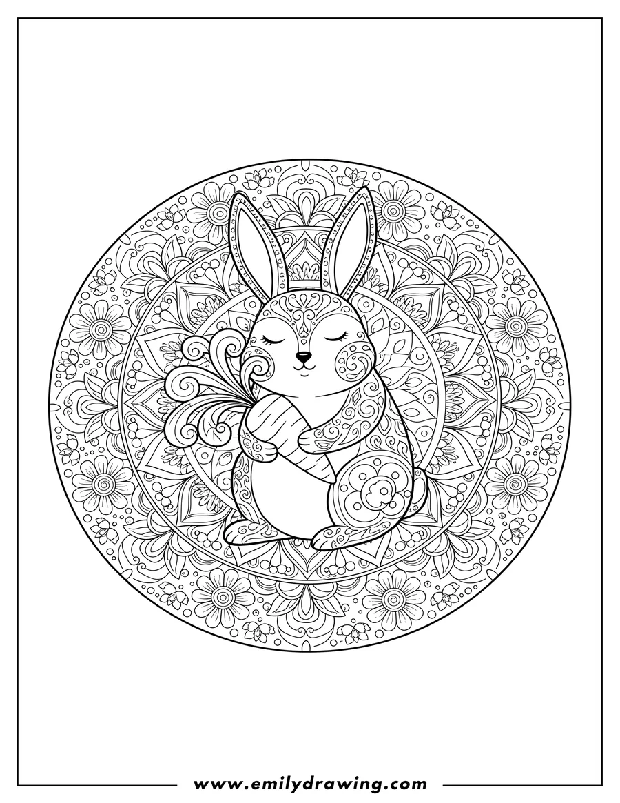 Printable coloring page of rabbit Mandala with closed eyes, hugging a carrot with leaves