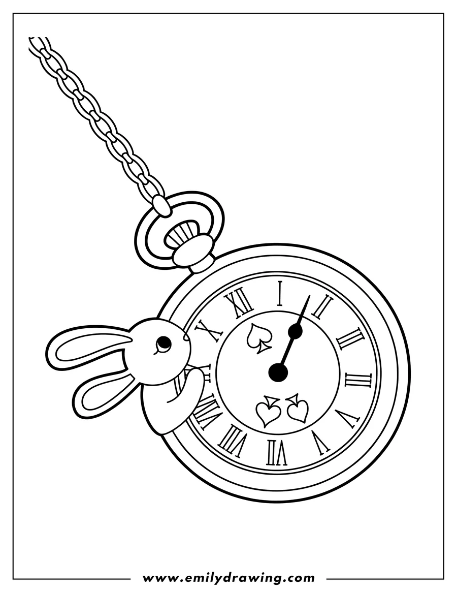 Line art of a cartoon rabbit peeking from behind a large pocket watch with Roman numerals and spade symbols on its face. The watch hangs from a chain.