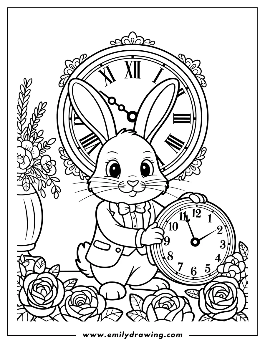 Line art of a cartoon rabbit wearing a suit and bow tie, holding a pocket watch, with a large ornate clock behind its head. Decorative roses and a vase of flowers are also visible.