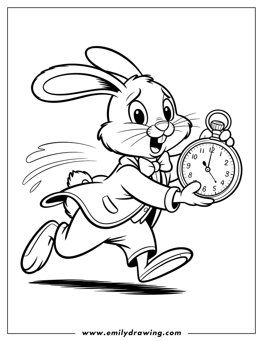 Line art of a cartoon rabbit in a suit and bow tie, running while holding a large pocket watch. The rabbit looks surprised and a bit worried.