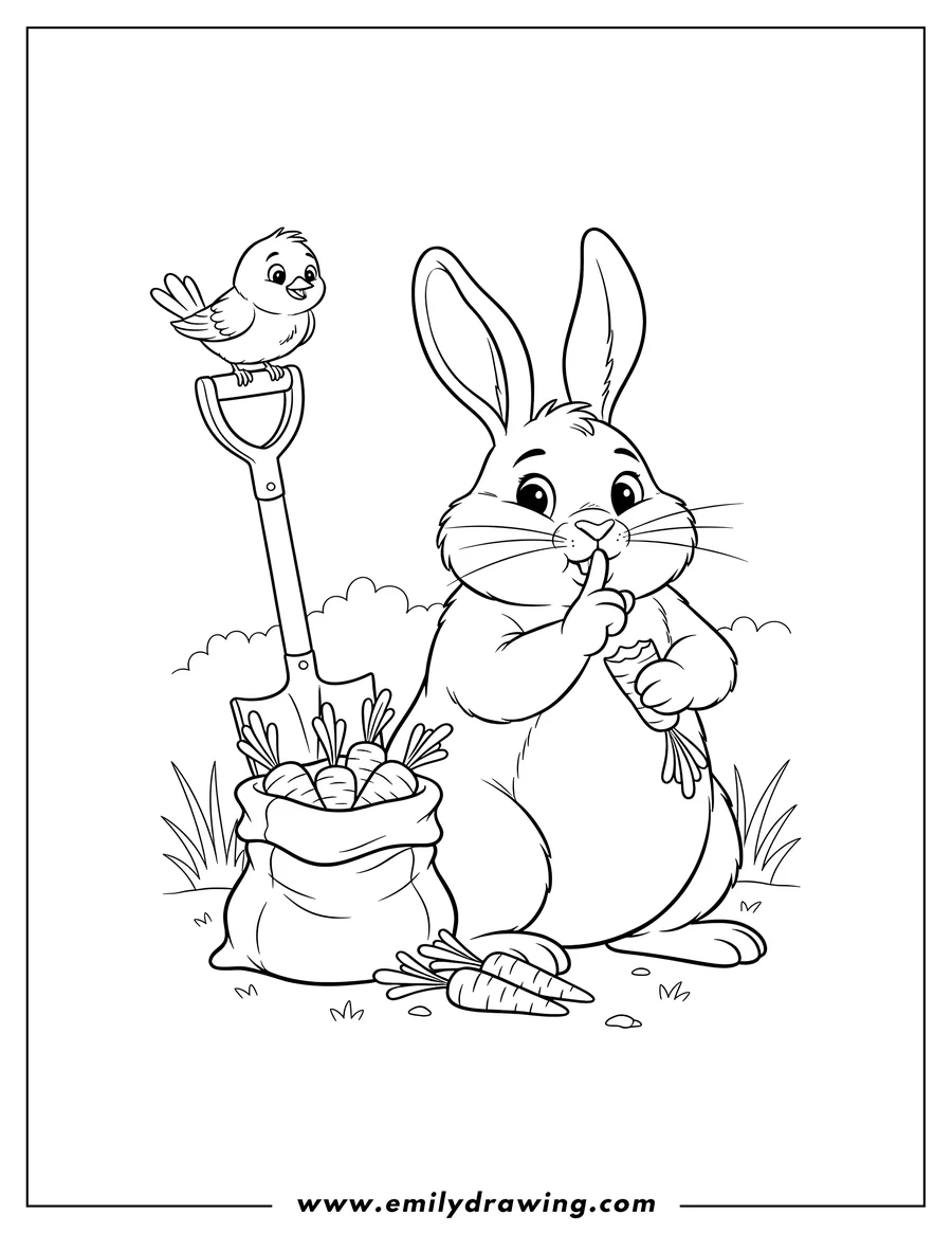 Full page coloring image of rabbit making a 'shhh' gesture, secretly chewing harvested carrots, with a bird on a shovel