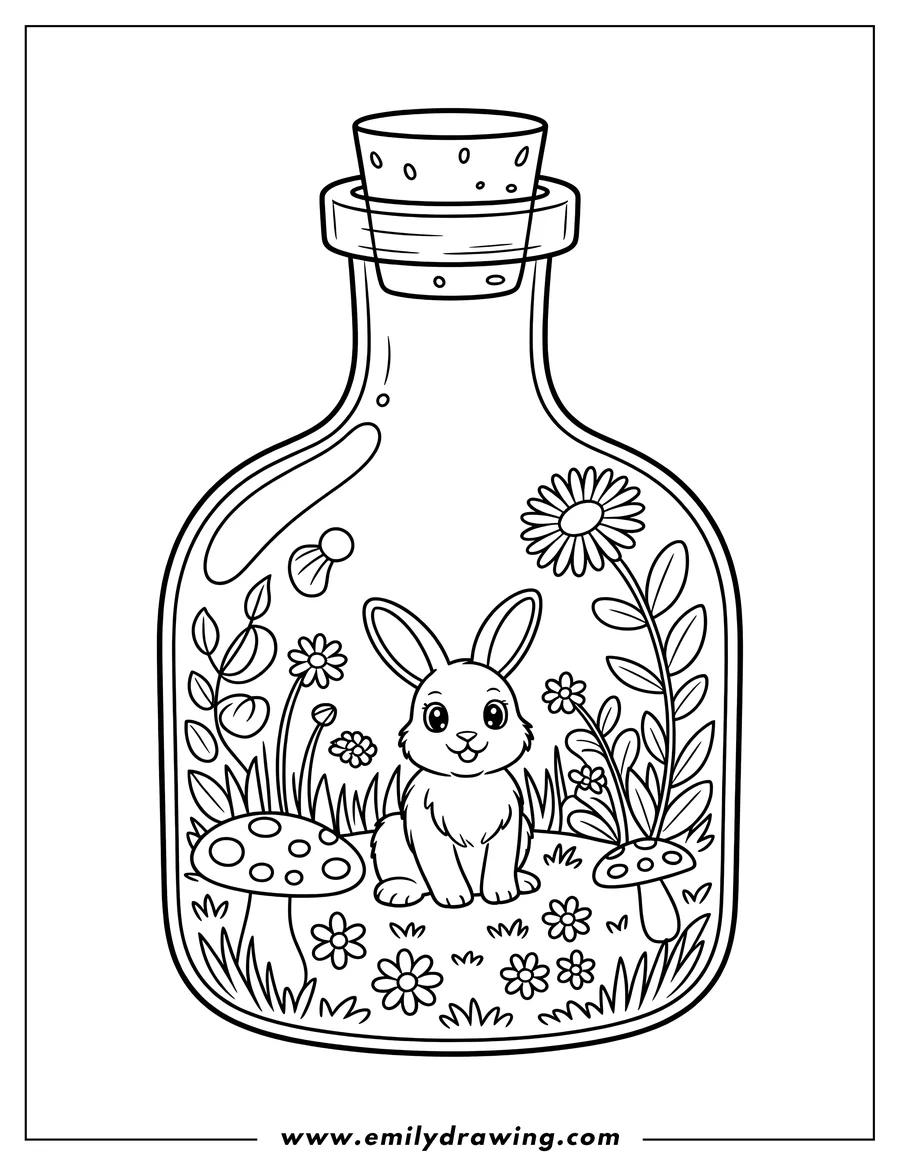 Outline of a cute rabbit sitting inside a glass terrarium jar, surrounded by small flowers, grass, and two mushrooms.