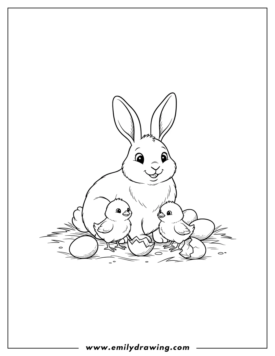 Free printable coloring sheet of rabbit Watching Chicks, One Hatching From an Egg