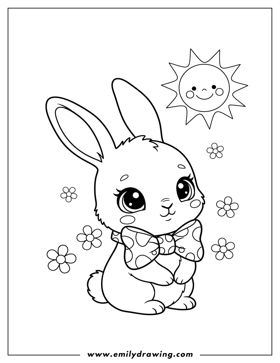 Doodle style coloring picture of adorable Little Rabbit sitting with a bowtie and big cute eyes, for preschoolers