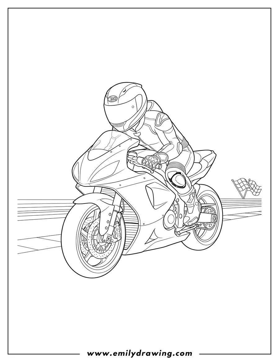 Coloring page of motorcycle Racer Scaled, riding a sport bike with a full helmet