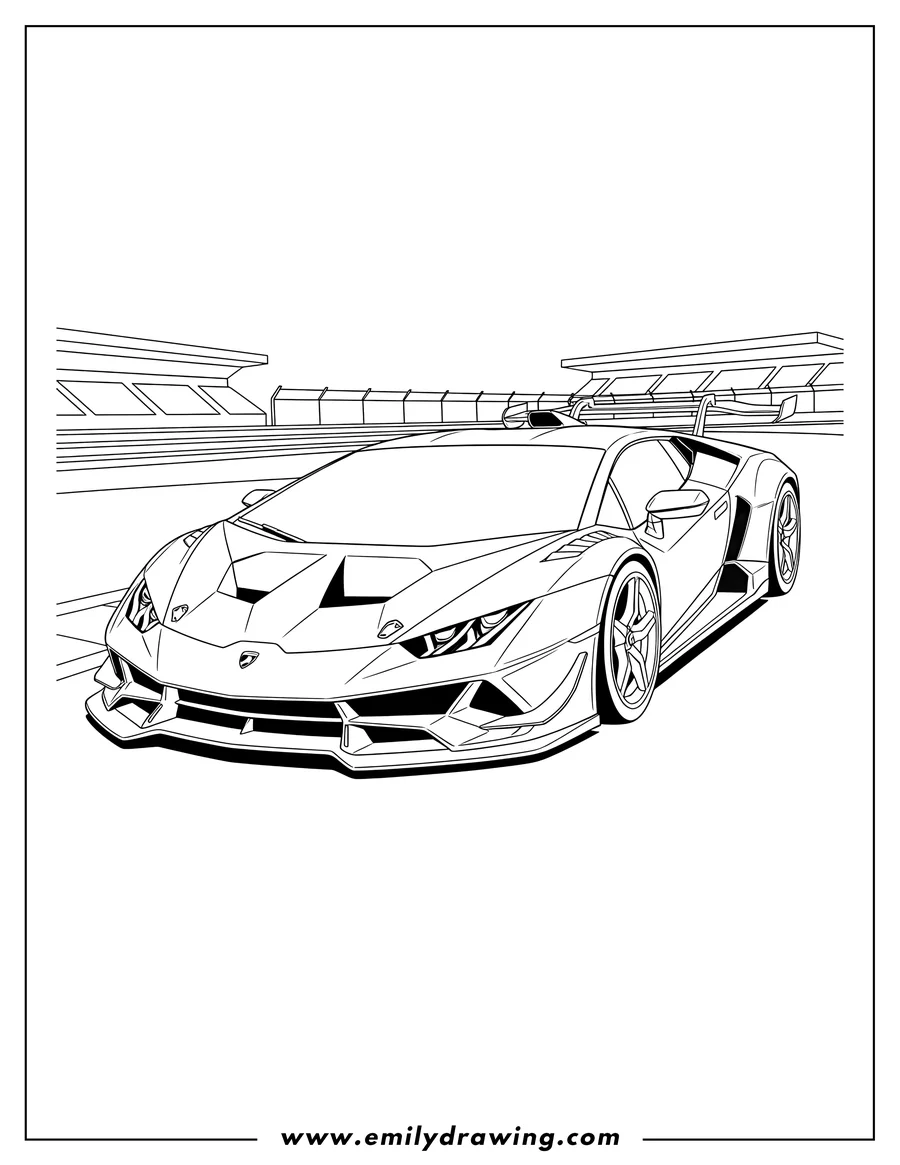 Free to print drawing of A racing Lamborghini with a large rear spoiler, in an angled front view, on a track, for coloring