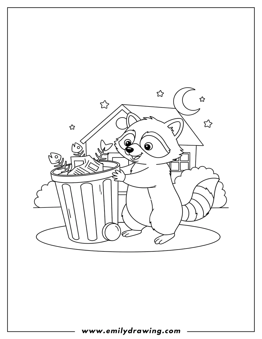 Coloring page of racoon standing on hind legs, pushing a tall garbage bin