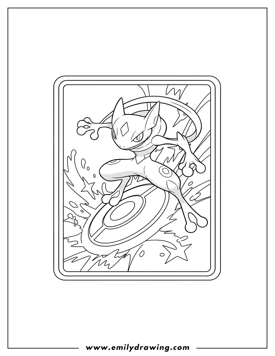 Vector style outline of radiant Greninja in a pouncing pose on a Moonlight Shuriken Pokemon Card