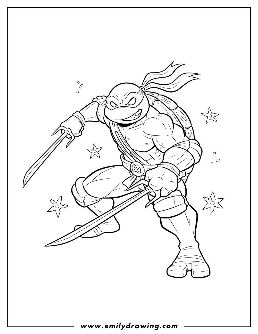 Simple sketch of rafael Using Twin Sai Swords in an action pose, grinning to color