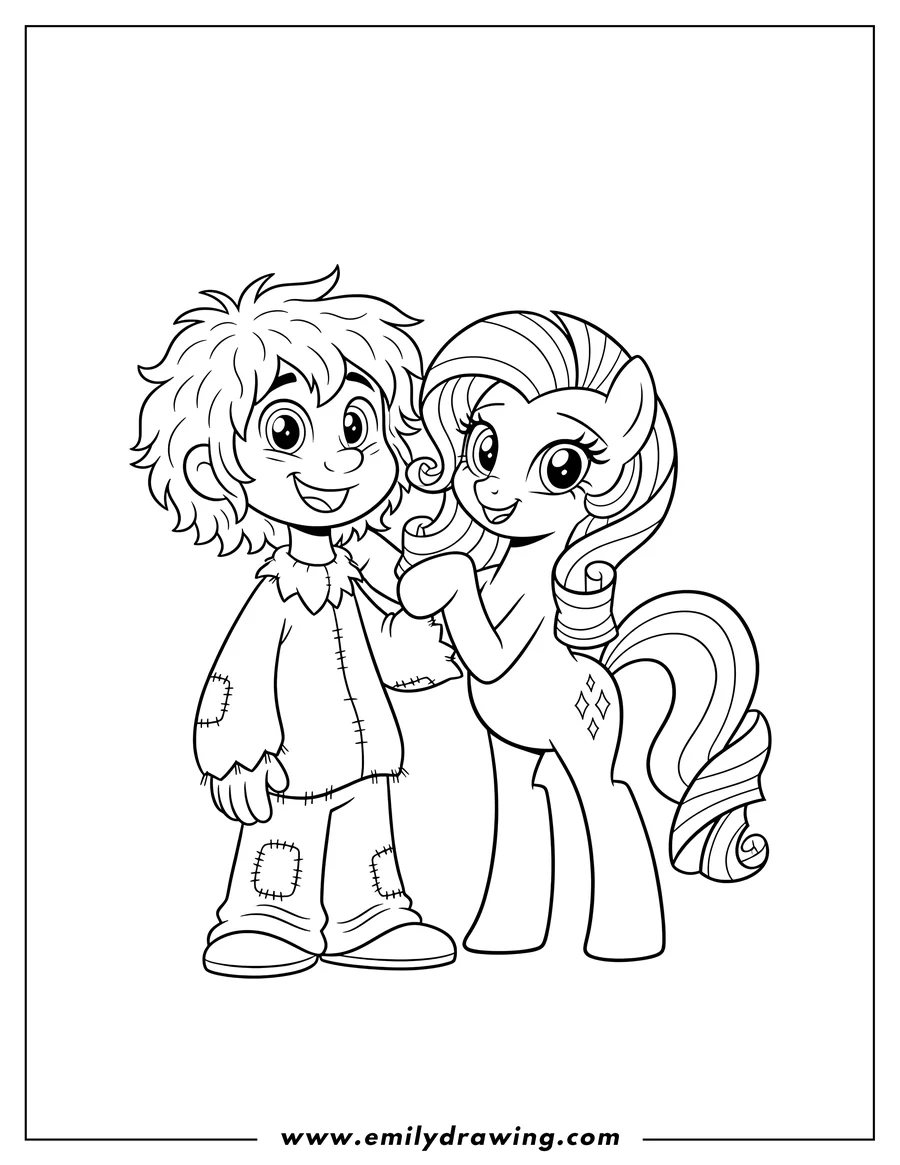 Downloadable coloring page of ragamuffin and Rarity smiling, with Rarity's arm around his shoulder