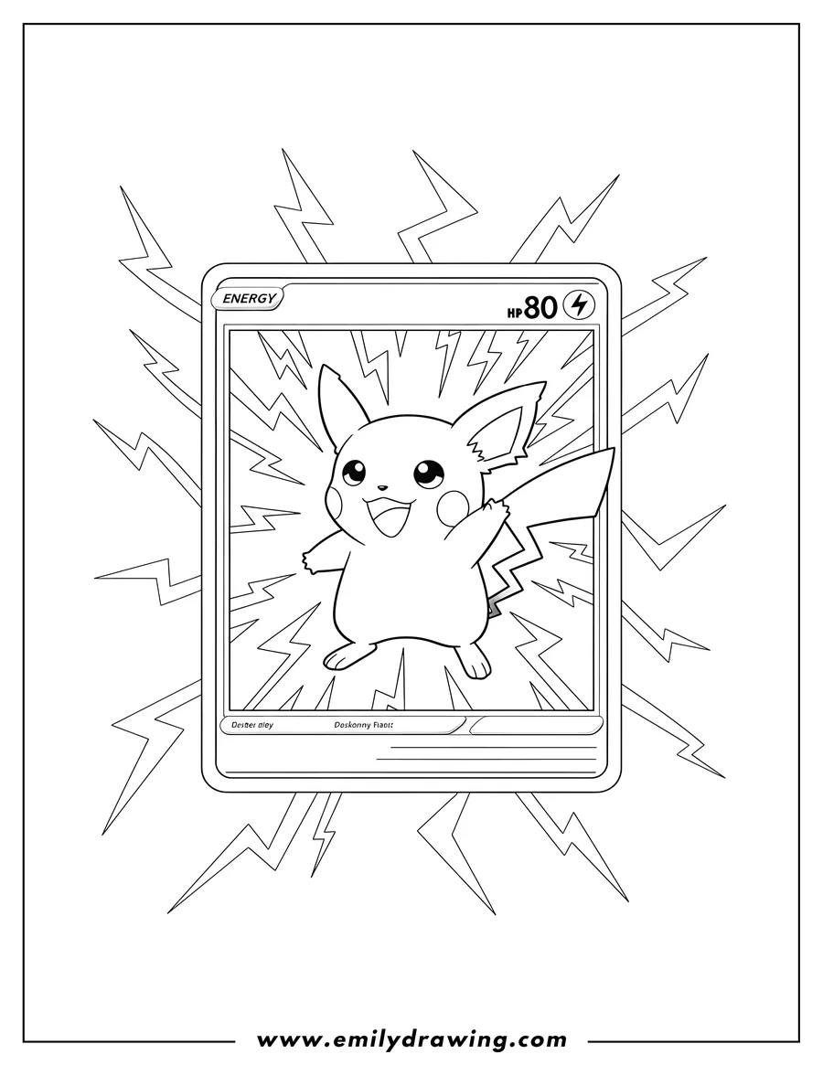 Outline drawing of raichu on a Pokemon card, surrounded by lightning