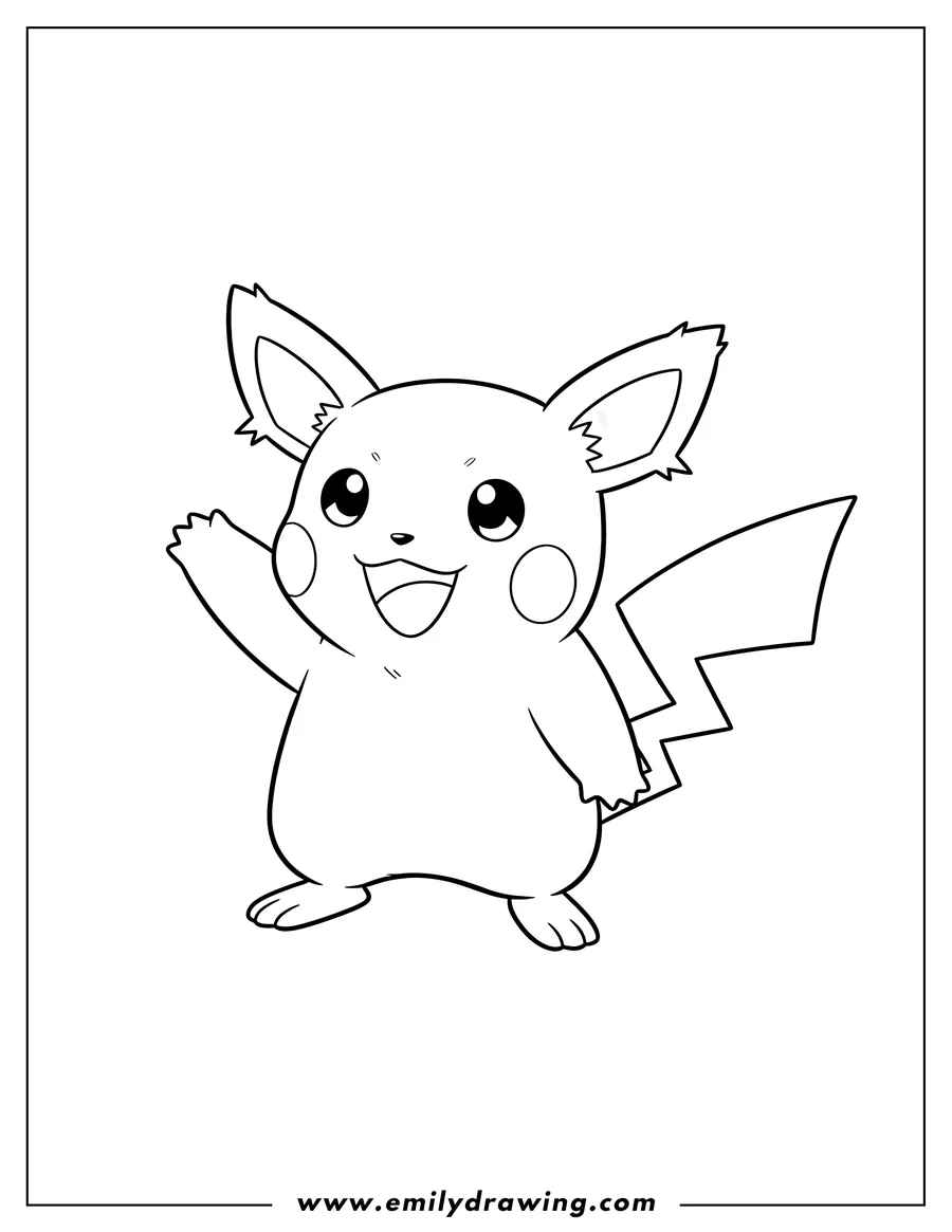 Coloring page of raichu waving, standing with a happy smile