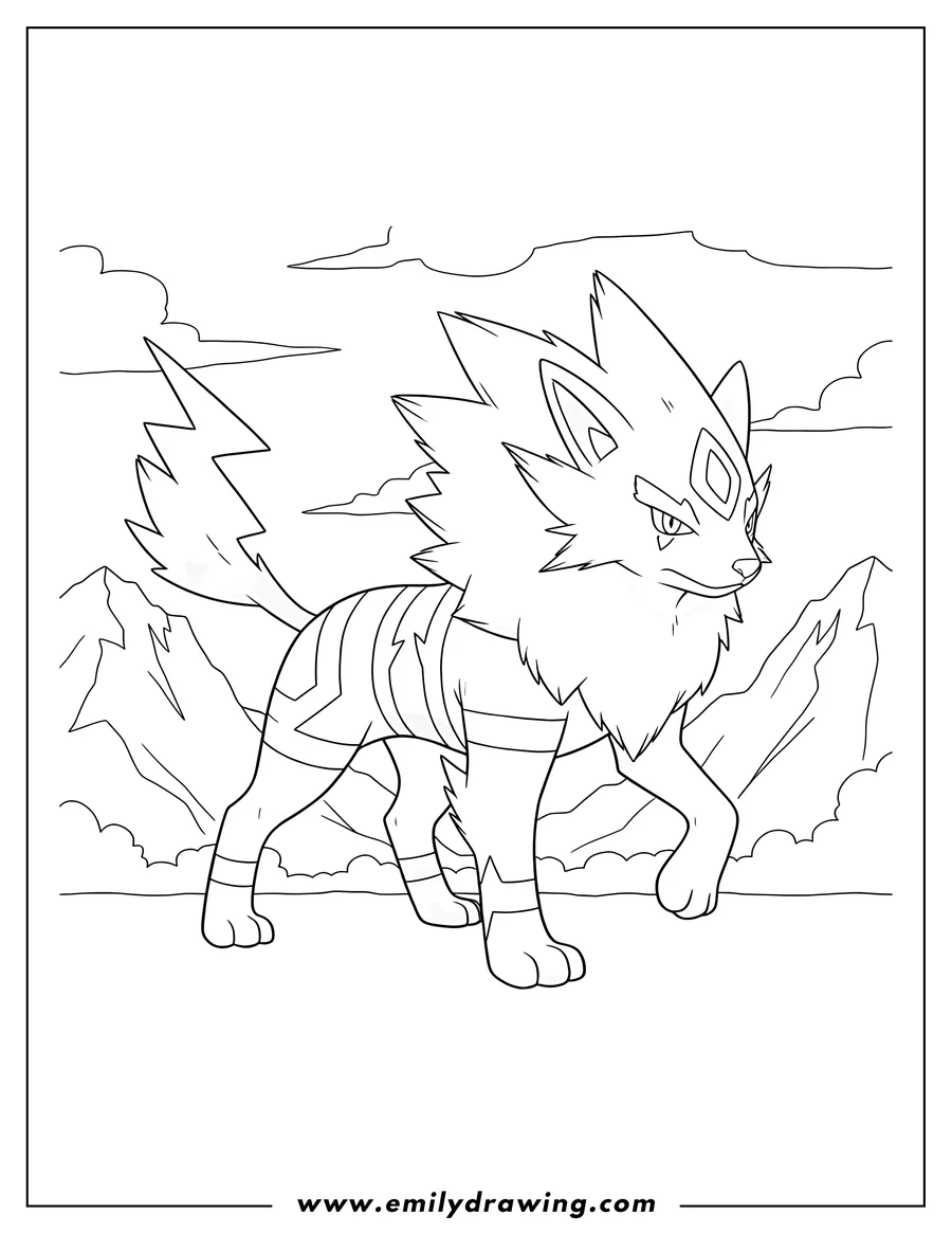 Vector style outline of A Raikou walking in the mountains, coloring page
