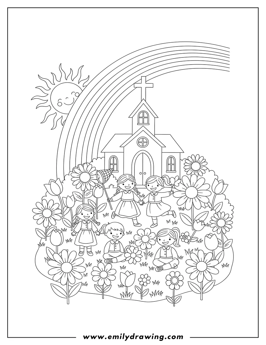 Free to print drawing of rainbow and Sun Over a Church with a Cross, with Smiling Children Playing in a Flower Garden