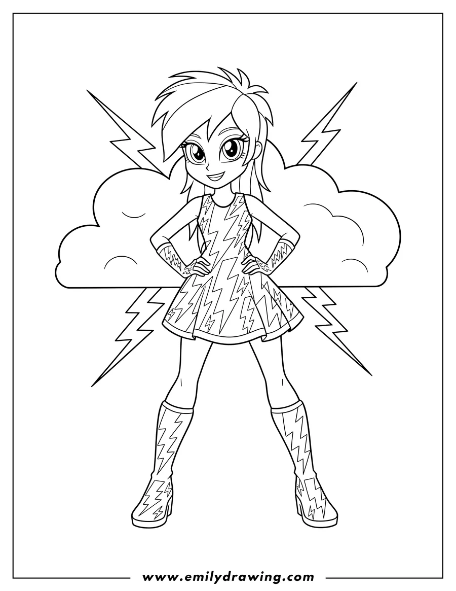 Coloring page for kids: rainbow Dash From Equestria Girls in a lightning bolt dress, hands on hips