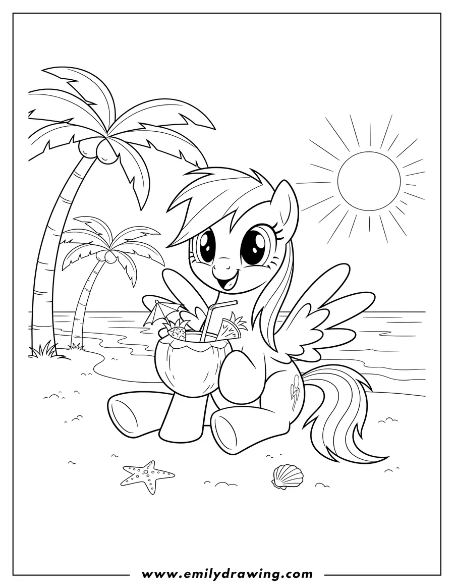 Free to print drawing of rainbow Dash sitting and smiling, holding a coconut drink at the beach