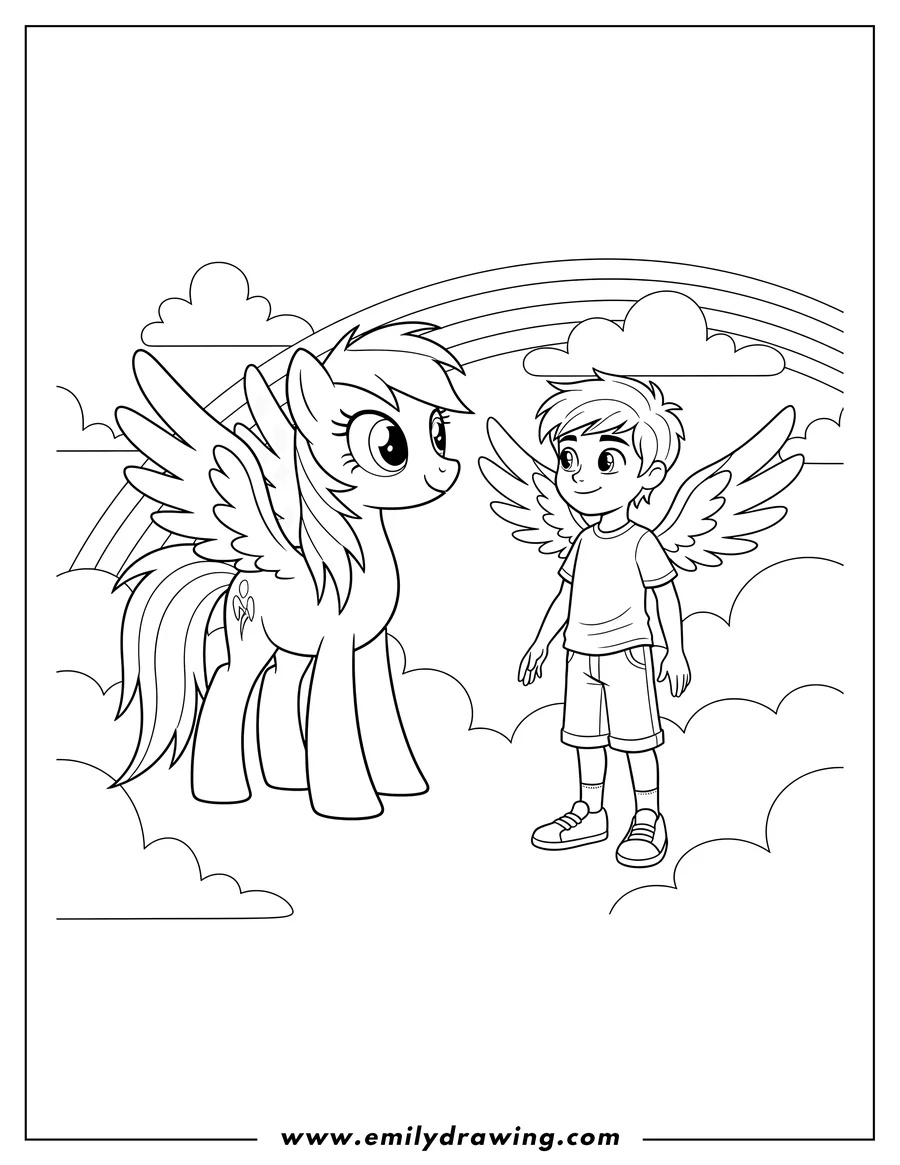 Outline drawing of rainbow Dash pony and winged human boy facing each other