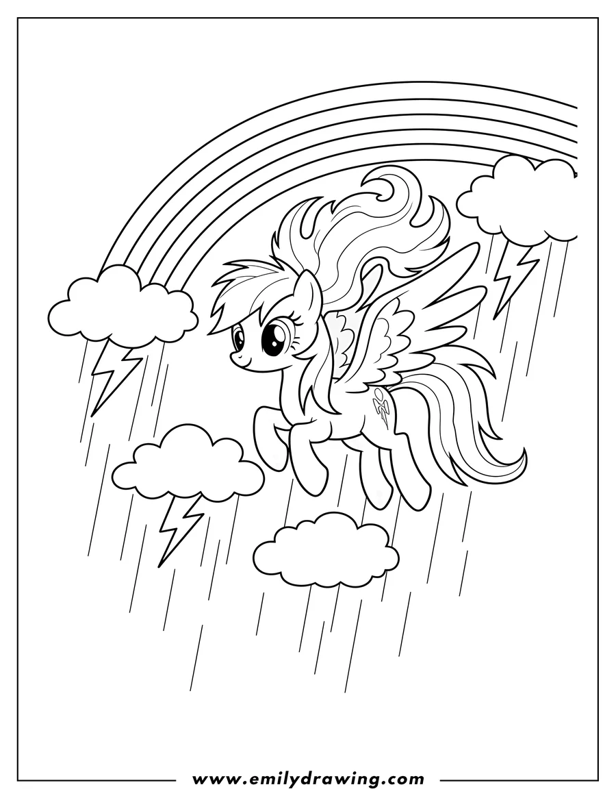 PDF style coloring page: rainbow Dash soaring under a rainbow during a thunderstorm