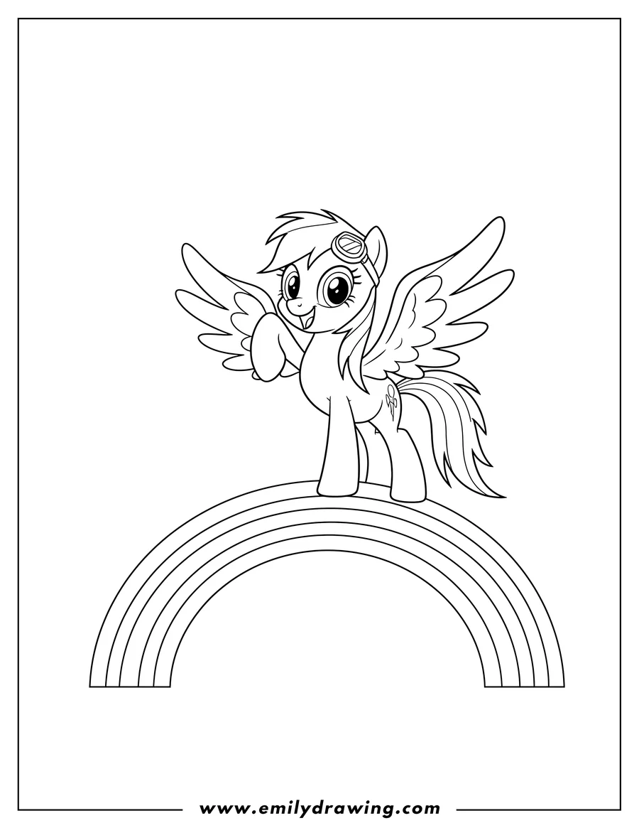 Black and white line art of rainbow Dash with wings and aviation goggles, standing on a rainbow with one arm raised and a happy smile