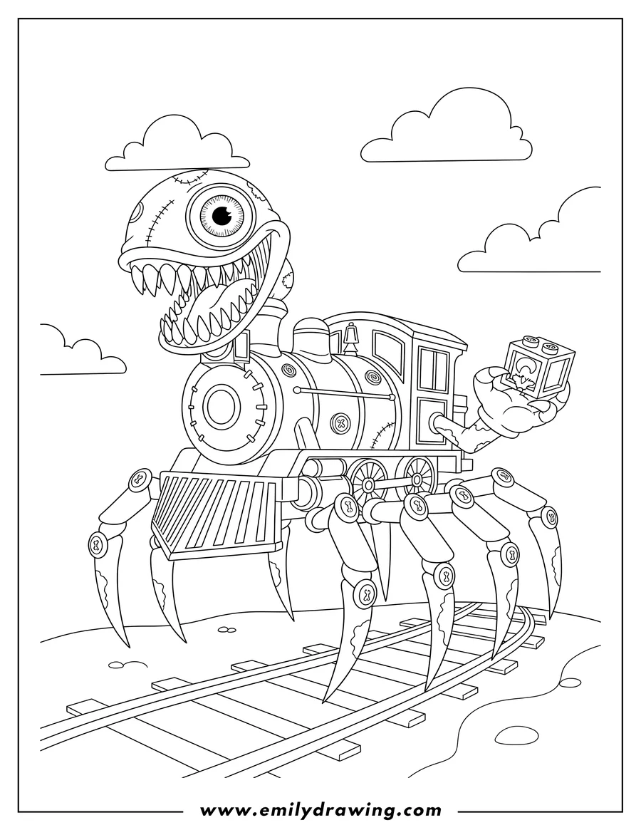 Printable coloring page of rainbow Friends Turns Into Choo Choo Charles with a creature head, sharp teeth, and spider legs