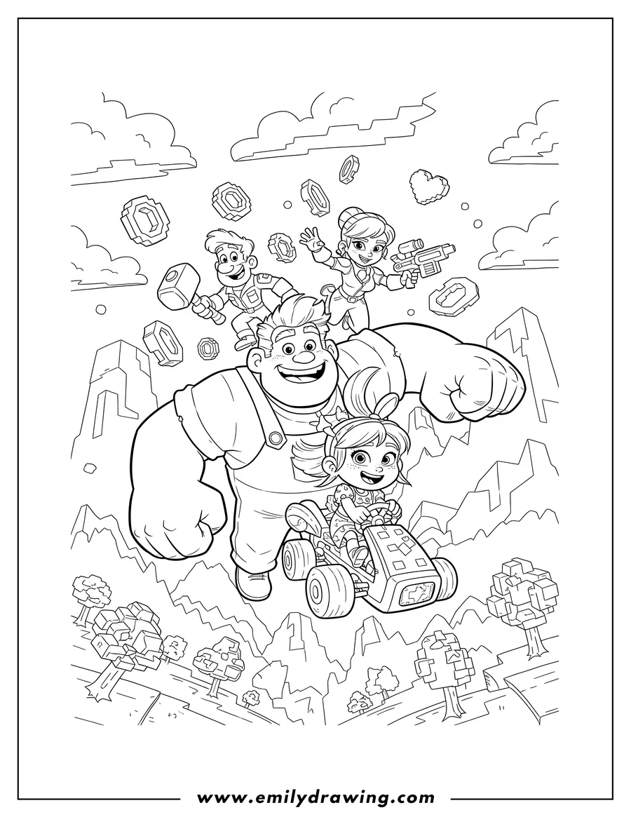 Coloring sheet featuring wreck-It Ralph, Vanellope, and friends flying through a pixelated game world