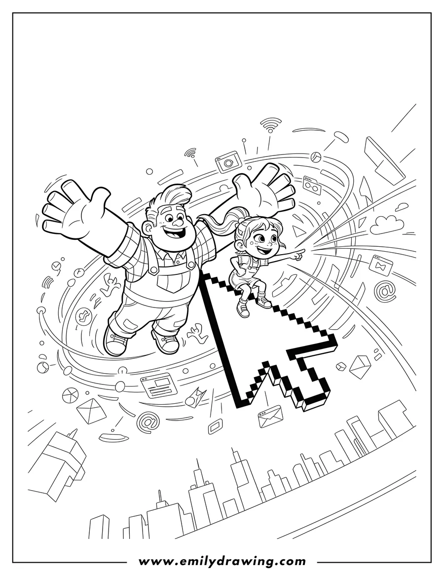 Outline drawing of wreck It Ralph flying alongside Vanellope riding a giant cursor and pointing through the internet