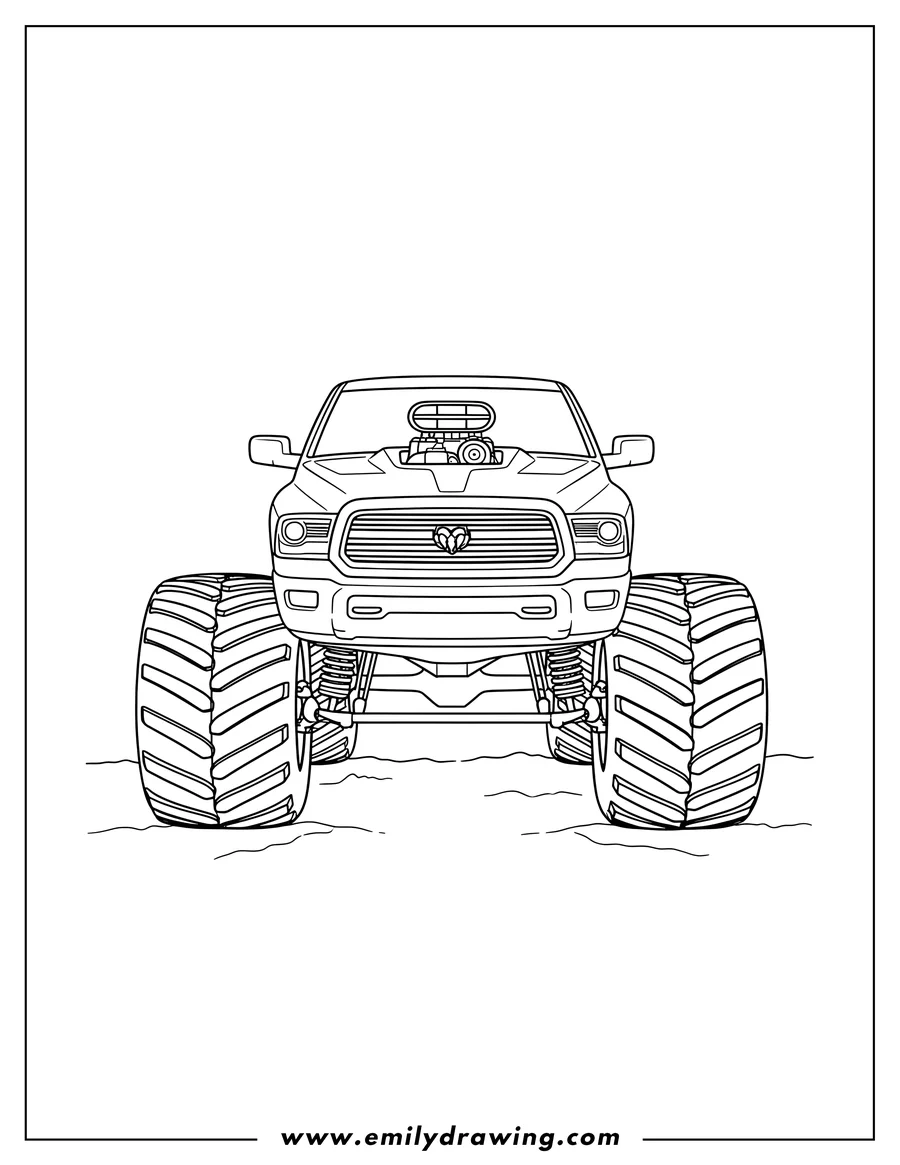 PDF style coloring page: ram Monster Truck coloring page, front view, with huge tires