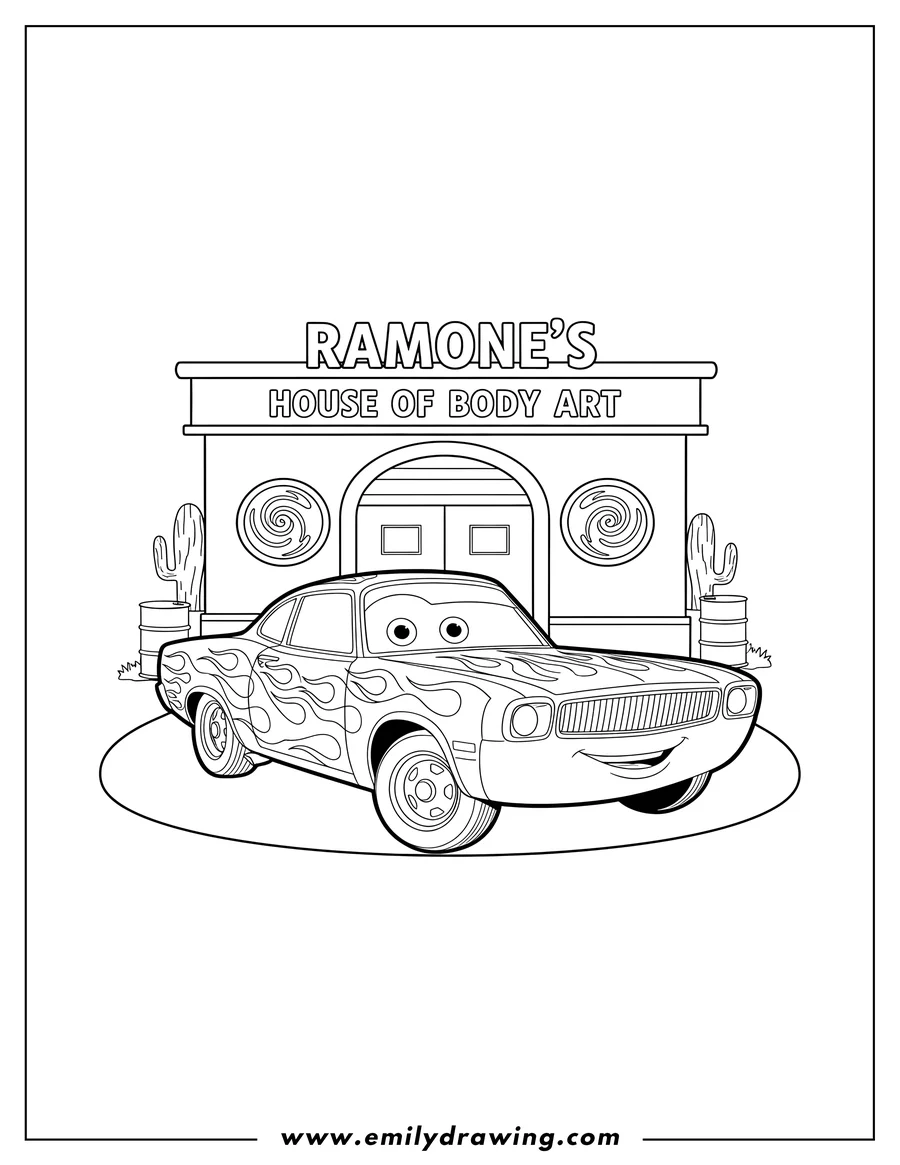 Outline drawing of ramone with flames posing at his Body Art Shop