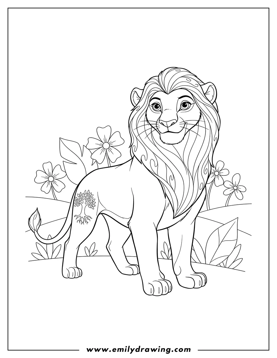 Vector style outline of rani Lioness standing with a tree symbol on her leg