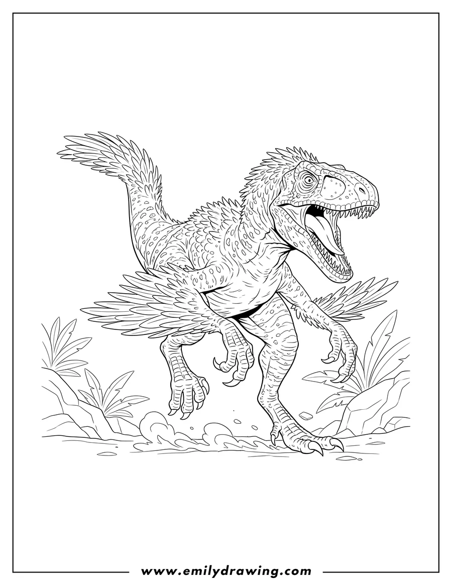 Printable line art of raptor With Feathers To Color Scaled, pouncing with an open mouth and raised leg