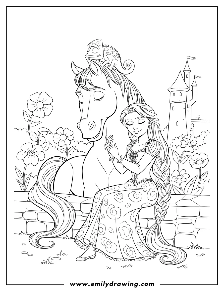 Downloadable coloring page of rapunzel comforting Maximus with his eyes closed, and Pascal on her head
