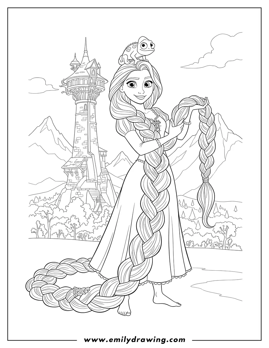 Clean line drawing: tangled Disney Cover Image, Rapunzel holding her long hair with Pascal on her head