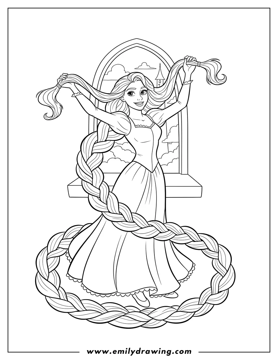 Coloring page for kids: rapunzel in her iconic pose, holding her long hair which flows around her
