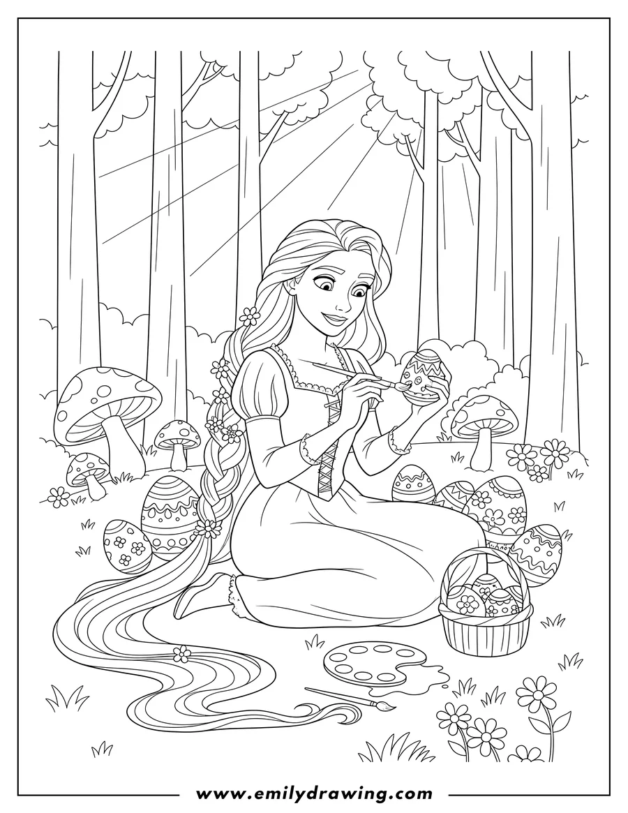 Black and white line art of rapunzel painting Easter eggs with a paintbrush, sitting cross-legged with her long hair flowing in a forest