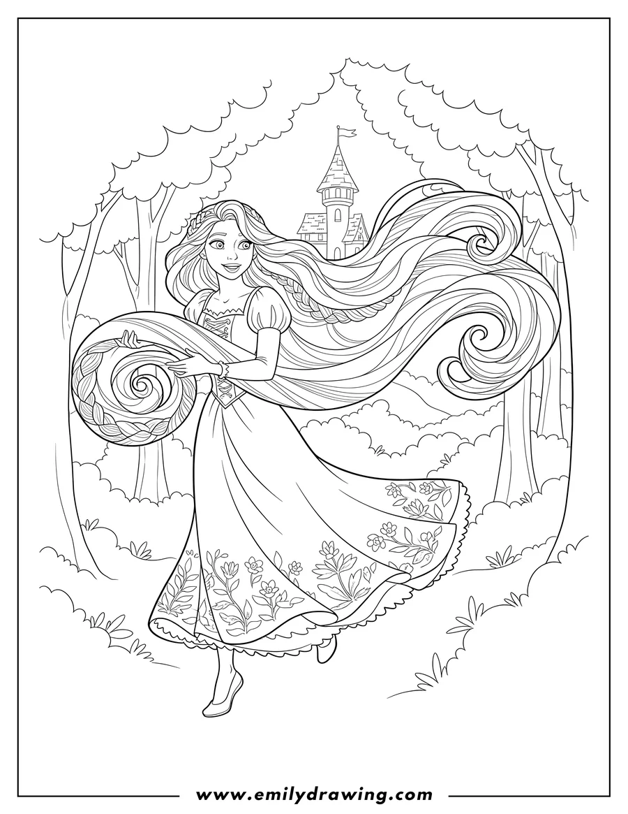 Linear illustration of rapunzel With Long Hair Scaled, running while holding her swirling hair