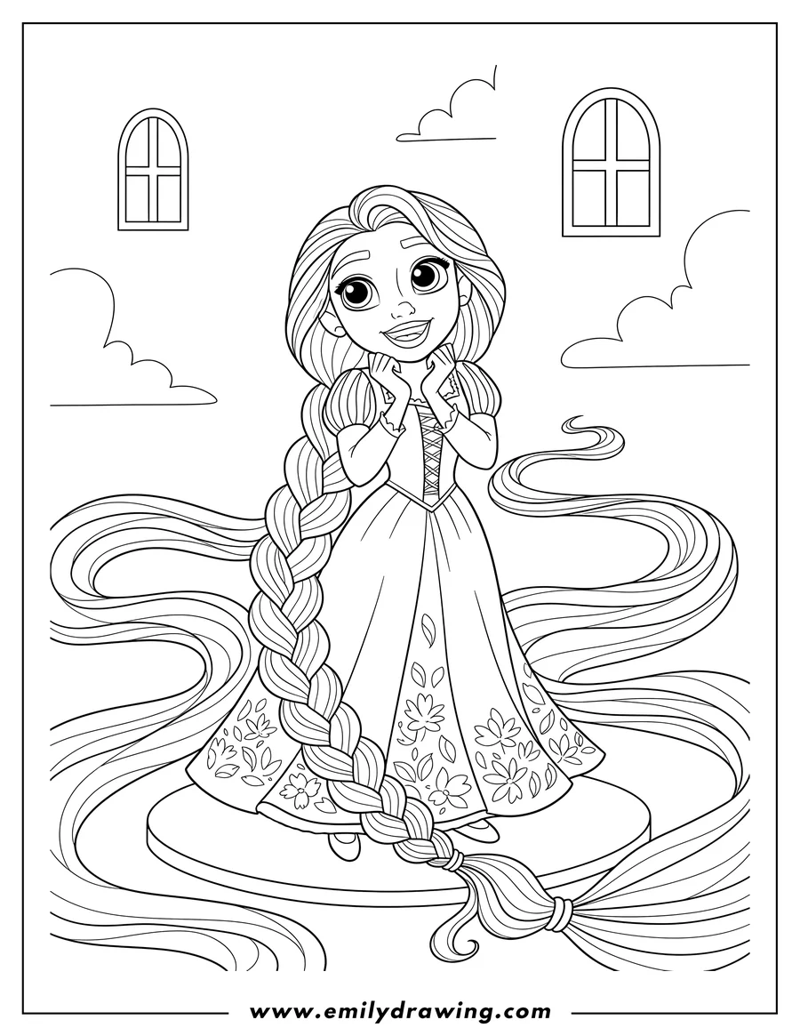 Coloring sheet featuring easy Rapunzel Scaled, smiling and looking up with hands clasped under her chin