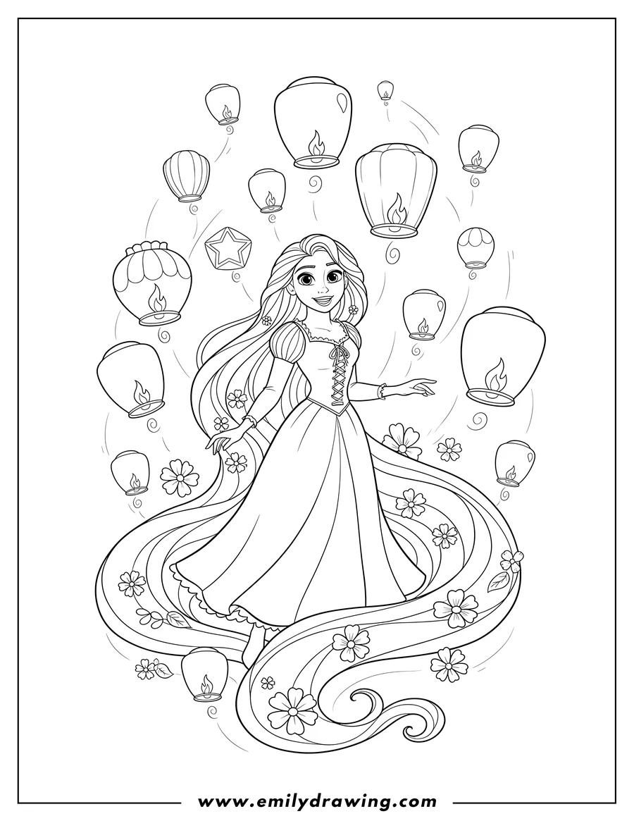 Printable coloring page of rapunzel standing and smiling, with long flowing hair, surrounded by lanterns