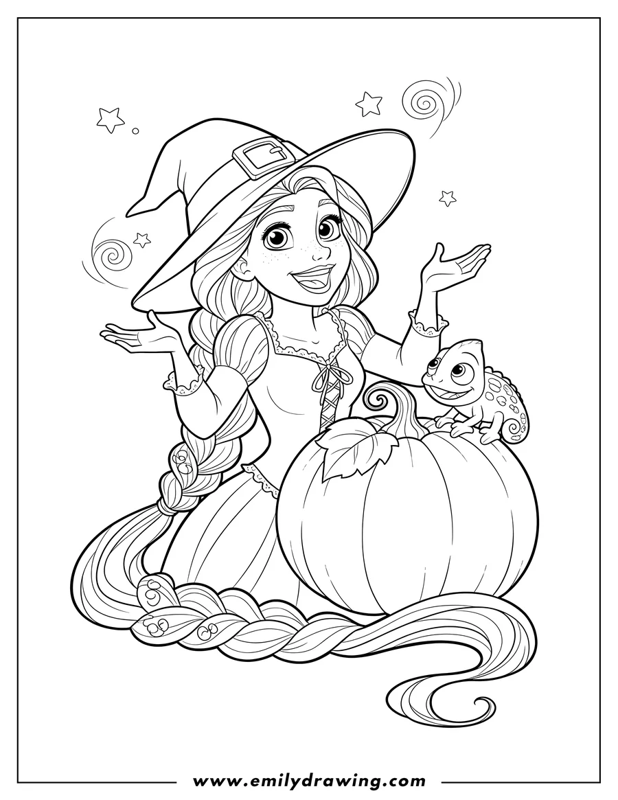Coloring sheet featuring rapunzel wearing a witch's hat, looking up and smiling, with Pascal on a pumpkin