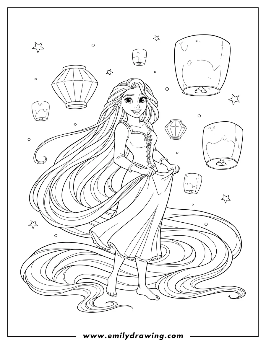 Coloring page for kids: rapunzel holding her very long, flowing hair, barefoot, with lanterns background