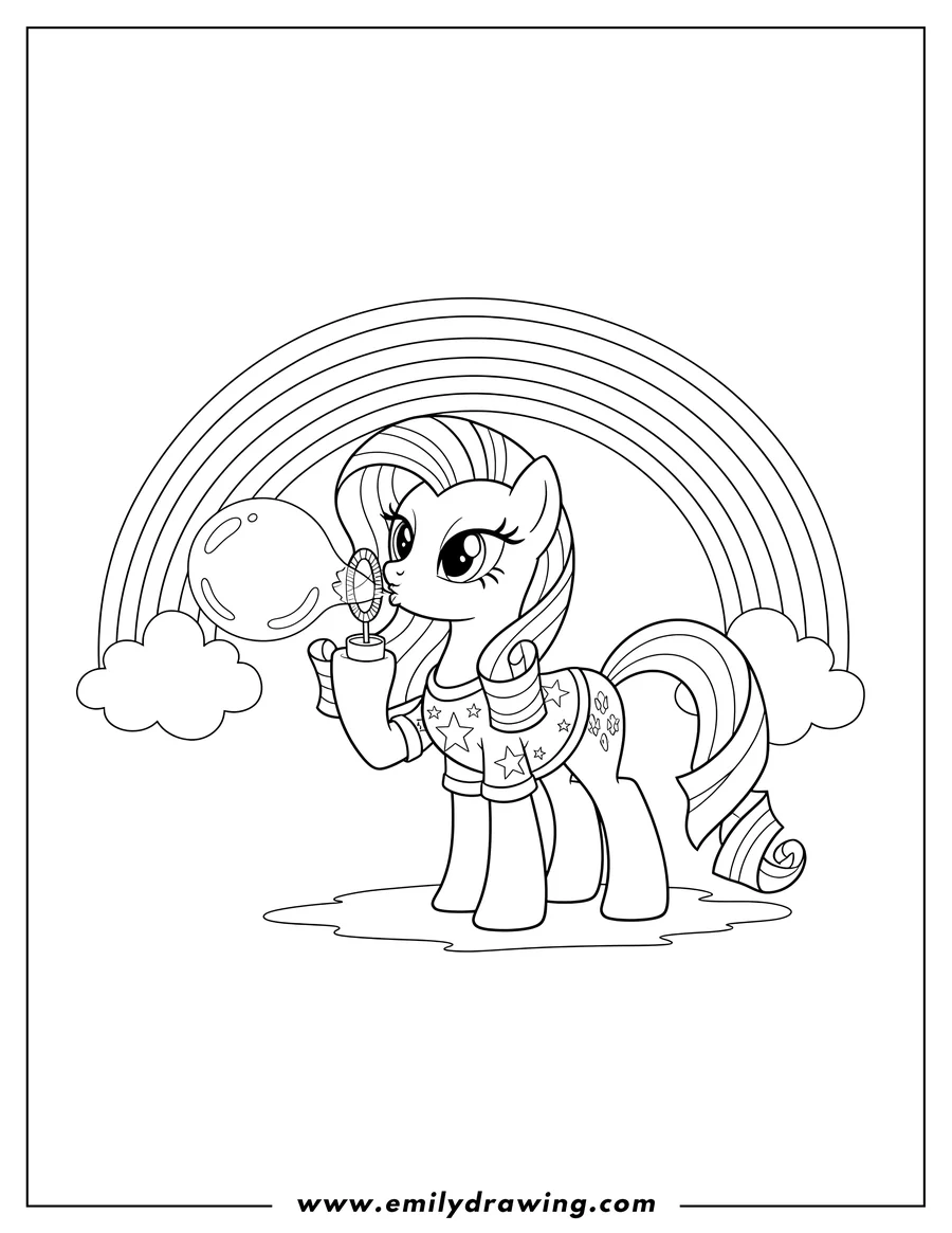 Outline drawing of my Little Pony Rarity wearing a shirt and blowing a bubble, with a rainbow