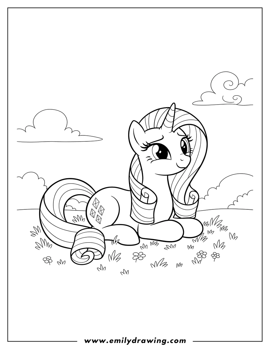 Doodle style coloring picture of rarity Resting On Grass, Smiling, showing her diamonds cutie mark