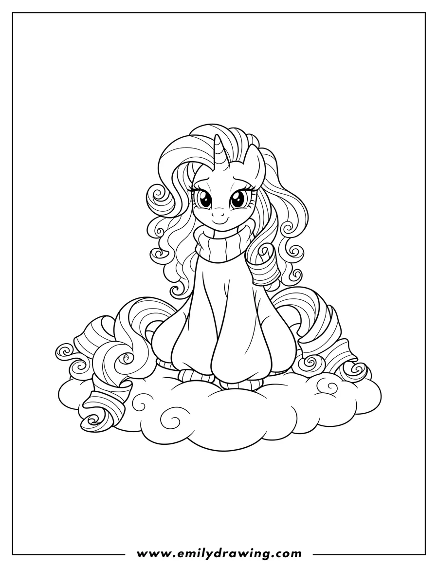 High quality printable rarity sitting, wearing a baggy sweater, with curly mane and tail, on clouds for coloring