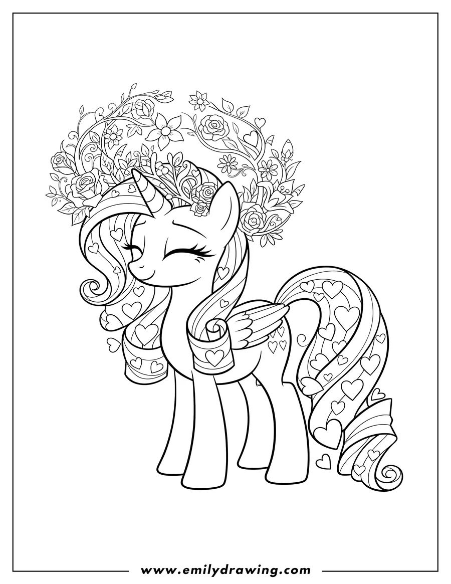 Coloring sheet featuring rarity pony wearing a floral and branch crown, with heart designs in her mane, looking peaceful