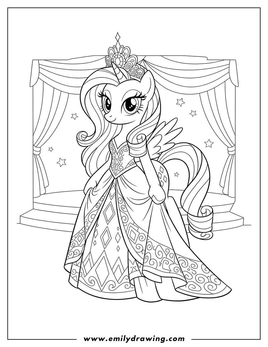 Simple sketch of my Little Pony Rarity wearing a crown and holding her patterned dress to color