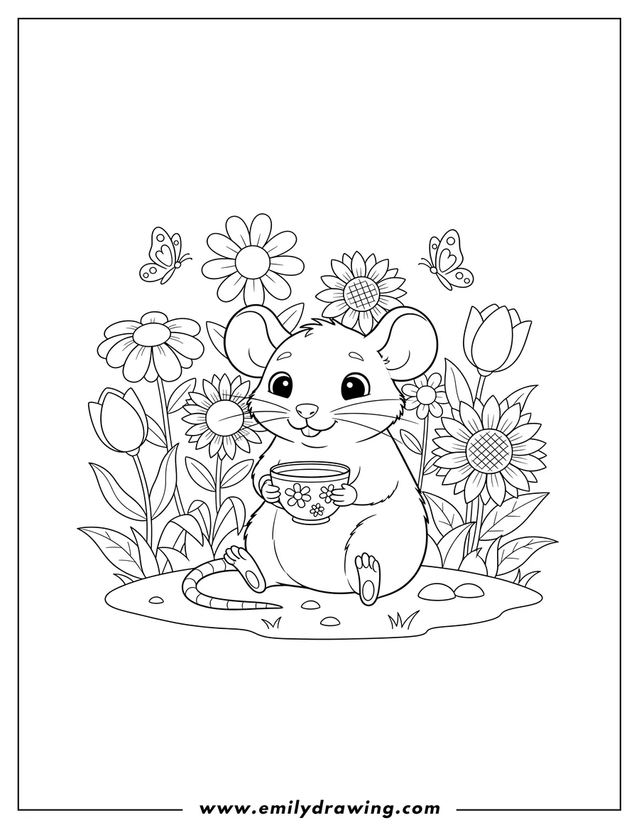 Black and white line art of [Refined Scene]: Adorable Rat Sitting Upright, Holding Cup with Both Paws in a Flower Garden