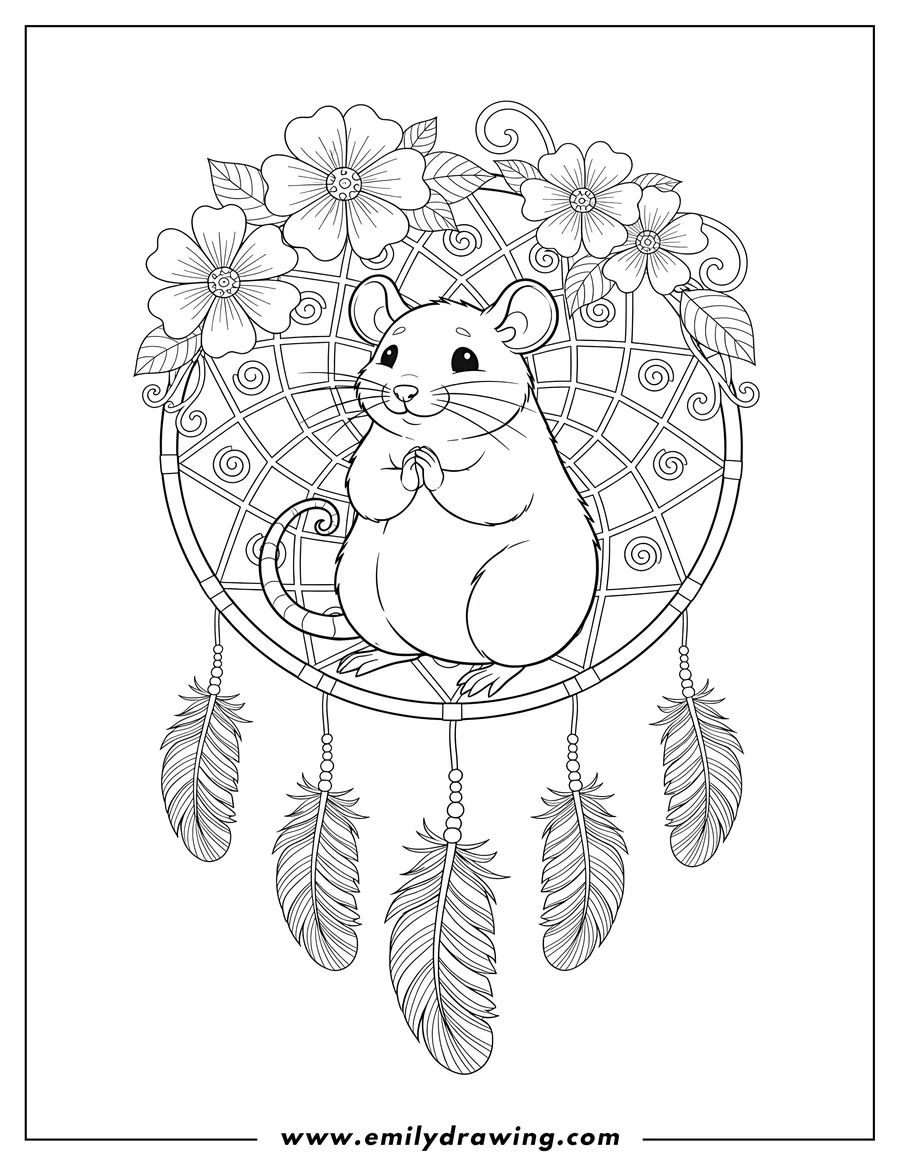Doodle style coloring picture of cute rat sitting upright with paws together inside a detailed dreamcatcher with flowers and hanging feathers