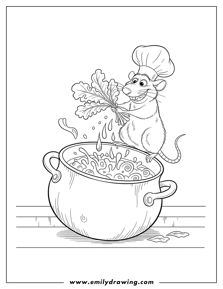 Doodle style coloring picture of ratatouille Dropping Leafy Greens from the Pot's Rim